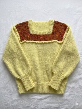 Vintage Handmade Yellow Sweater w Orange/Pink Accent Size M Prairie Cottagecore